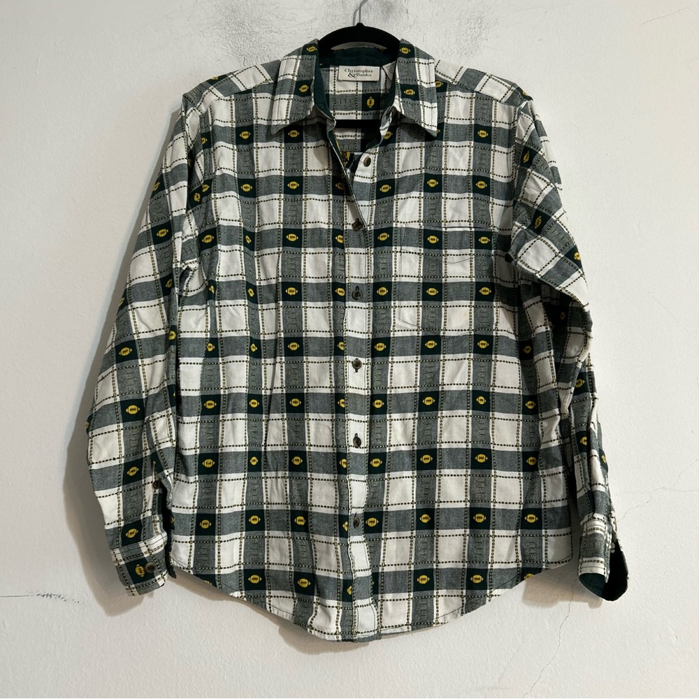 Vintage Green Bay Packers Green Yellow Football Checkered Button Down Shirt